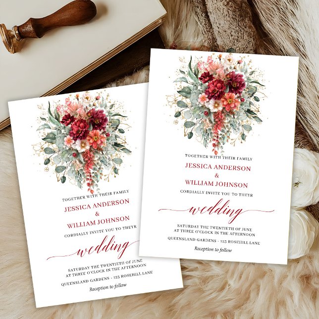 Convite de Casamento Floral Marrom Chic com Eucali (Chic Maroon Floral Eucalyptus Fall Wedding Invite

)