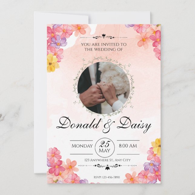 Convite de Casamento Floral Minimalista Rosa (Frente)