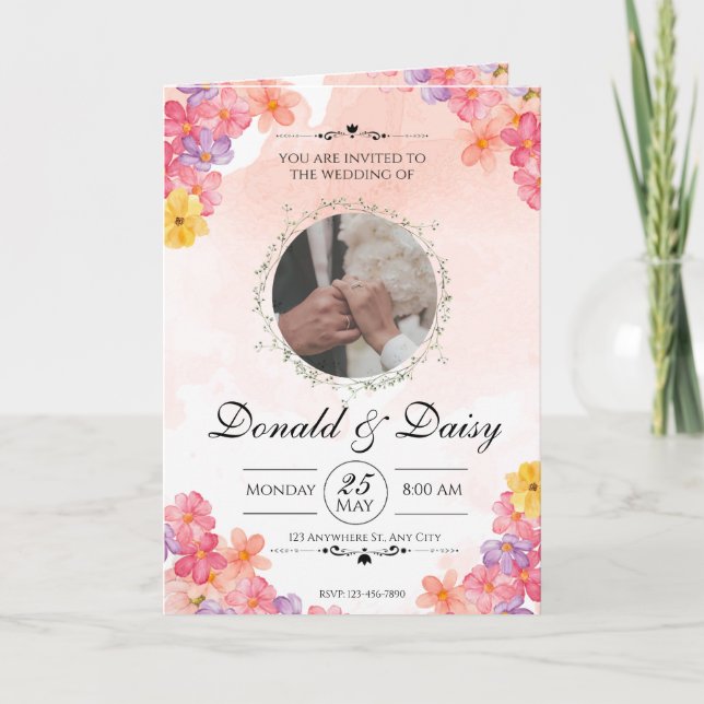 Convite de Casamento Floral Minimalista Rosa (Frente)