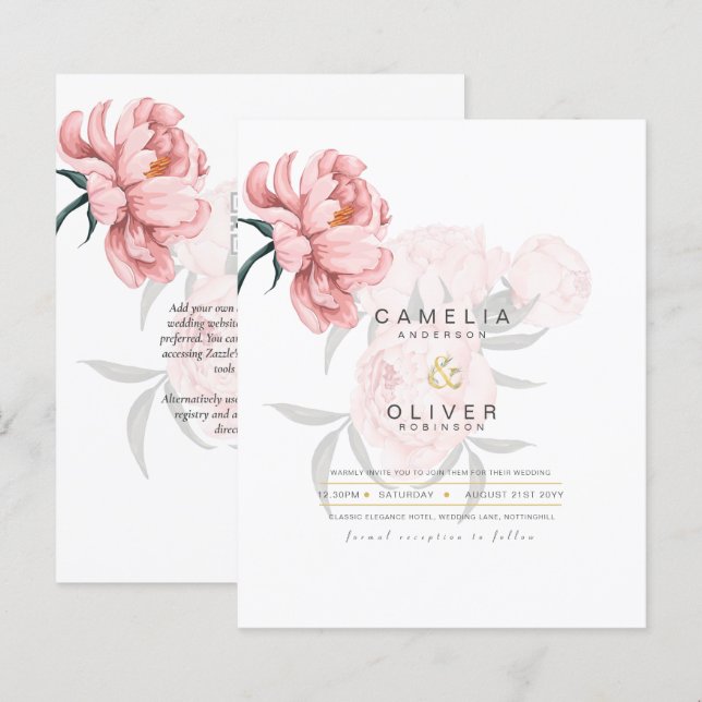 Convite de casamento Floral Moderno de Peonias Ros (Frente/Verso)