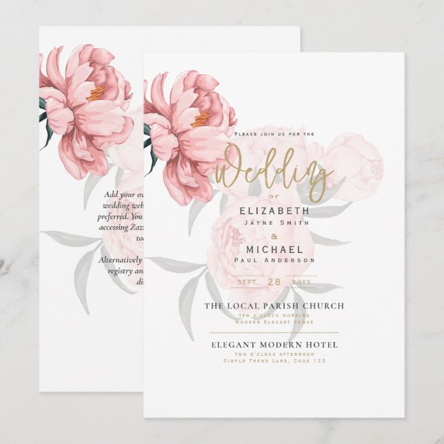 Convite de casamento Floral Moderno de Peonias Ros (Frente/Verso)