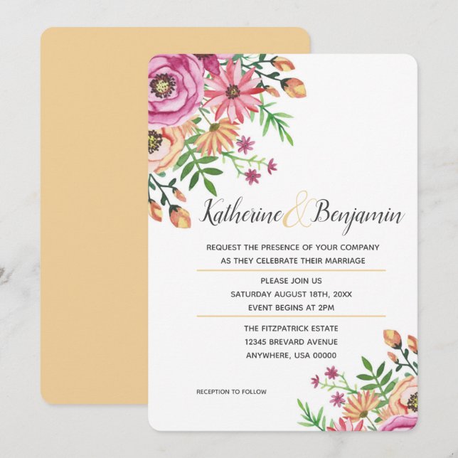 Convite de Casamento Floral Moderno de Pêssego (Frente/Verso)