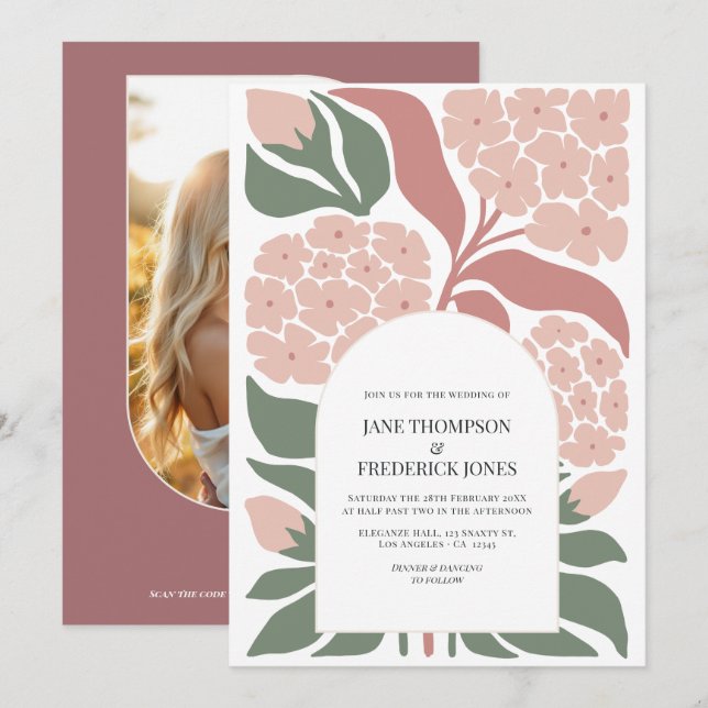 Convite de Casamento Floral Moderno Primavera Rosa (Frente/Verso)