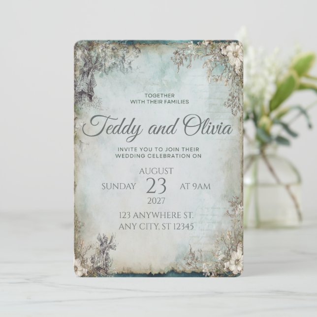 Convite de Casamento Floral Moinho de Vento Rústic (Em pé/Frente)