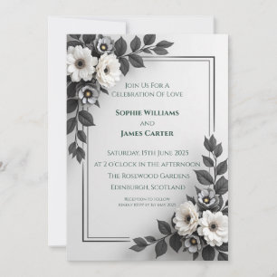 Convite de Casamento Floral Monocromático Preto