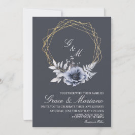Convite de Casamento Floral Monograma Azul Elegant
