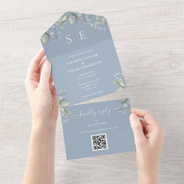 Convite de Casamento Floral Monograma Código QR Az (Tearaway)