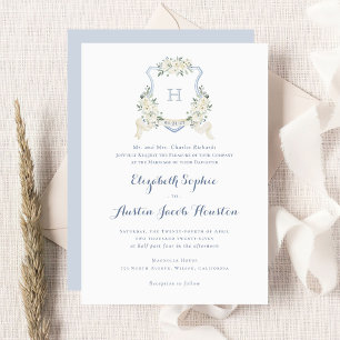 Convite de Casamento Floral Monograma Crest em Azu