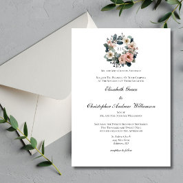 Convite de Casamento Floral Monograma Elegante Ros