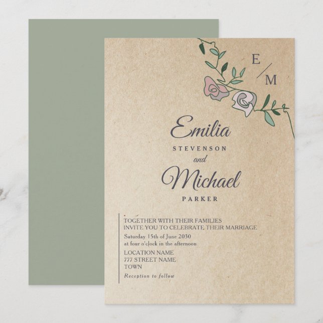 Convite de Casamento Floral Monograma Rustic Kraft (Frente/Verso)