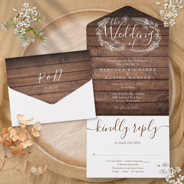 Convite de Casamento Floral Monograma Rústico em S (Rustic Wood Script Monogram Floral Wedding All In One Invitation)
