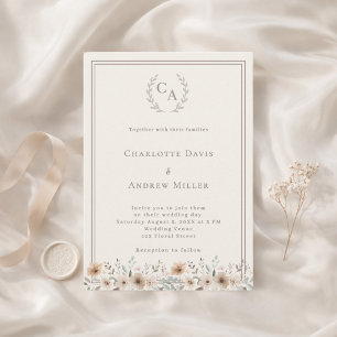 Convite de casamento floral monogramado com coroa