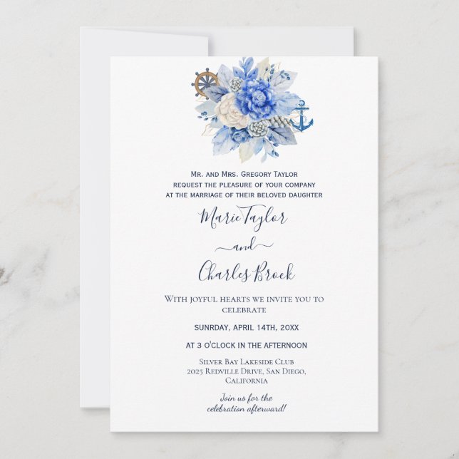 Convite de Casamento Floral Náutico (Frente)