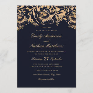 Convite de Casamento Floral Naval Dourado Vintage
