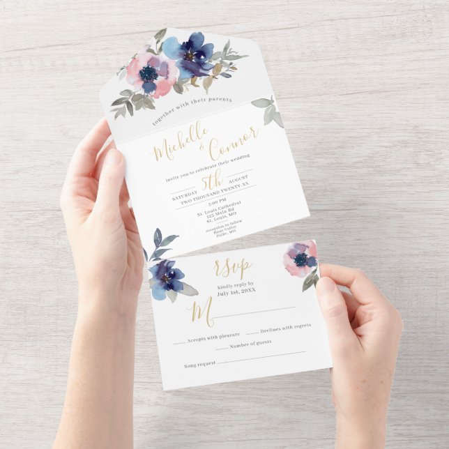 Convite de Casamento Floral Navy & Blush Tudo em U (Aba destacável)