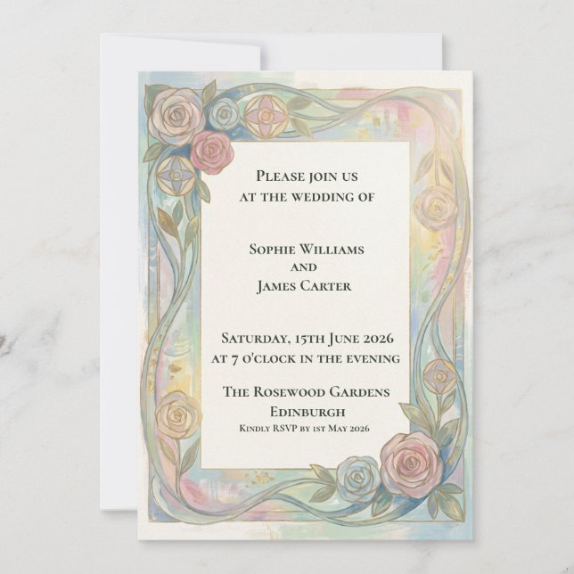 Convite de Casamento Floral Nouveau Azul Rosa (Frente)