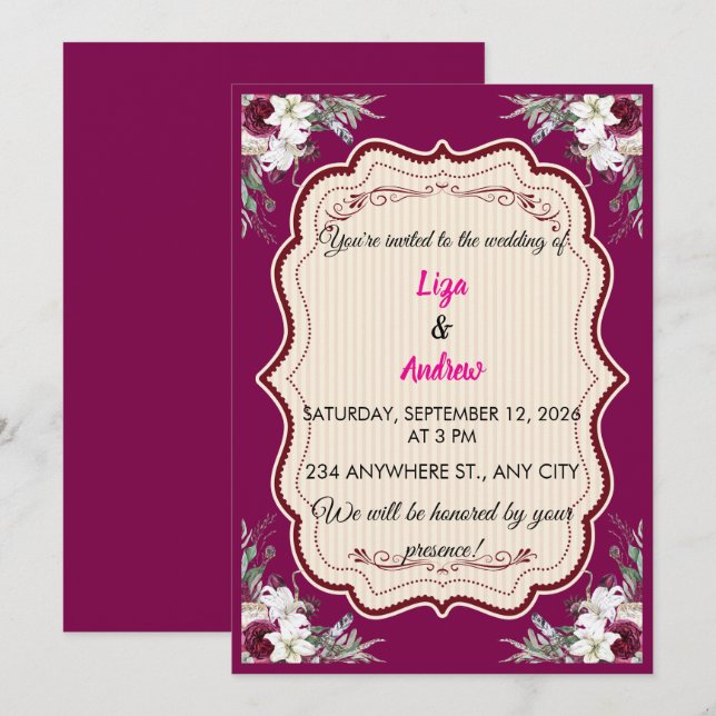Convite de Casamento Floral Ornate Frame (Frente/Verso)