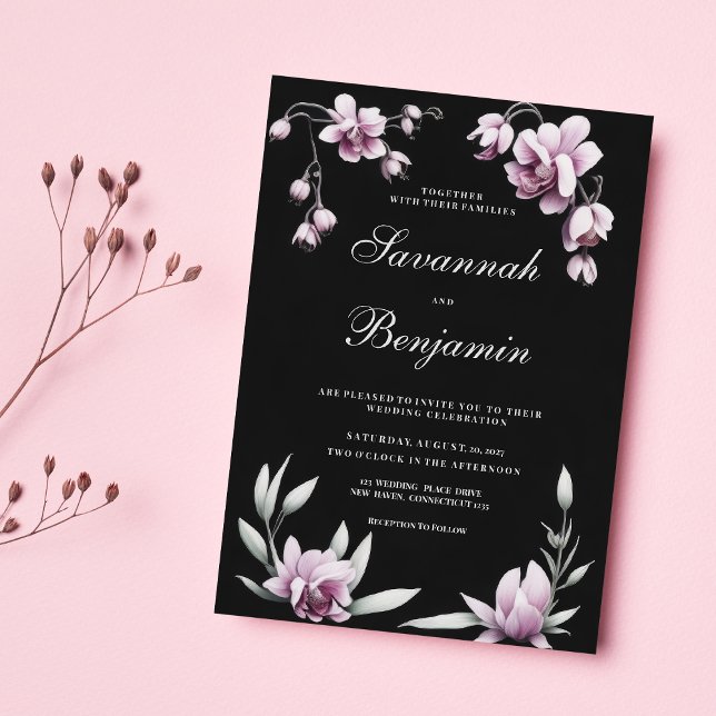 Convite de casamento floral orquídea rosa lilás pr (Watercolor black lilac pink orchid floral wedding)