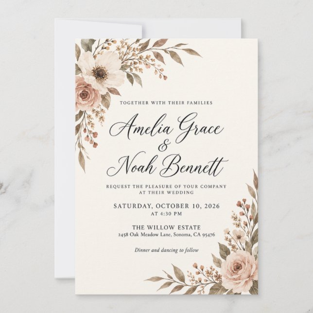 Convite de Casamento Floral Outonal Rústico Neutro (Frente)