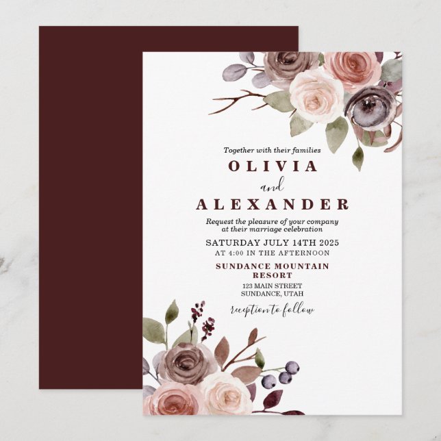 Convite de casamento floral Outono Borgonha (Frente/Verso)