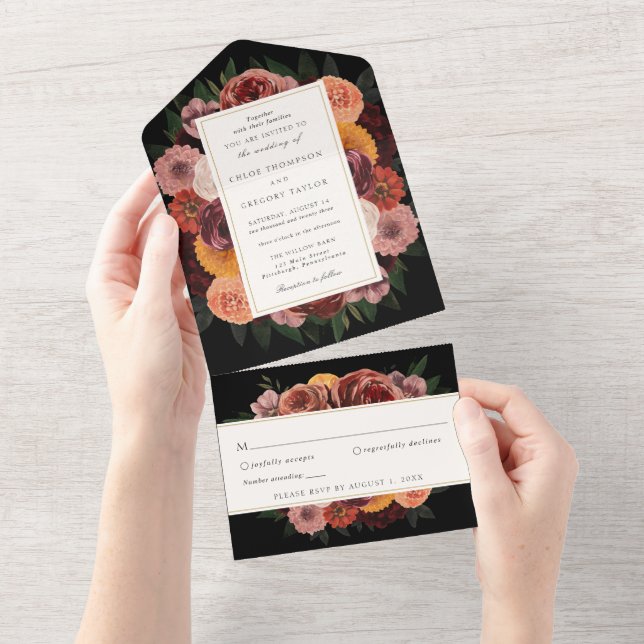 Convite de Casamento Floral Outono Borgonha Tudo E (Aba destacável)