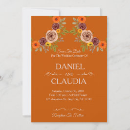 Convite de Casamento Floral Outono Laranja Queimad
