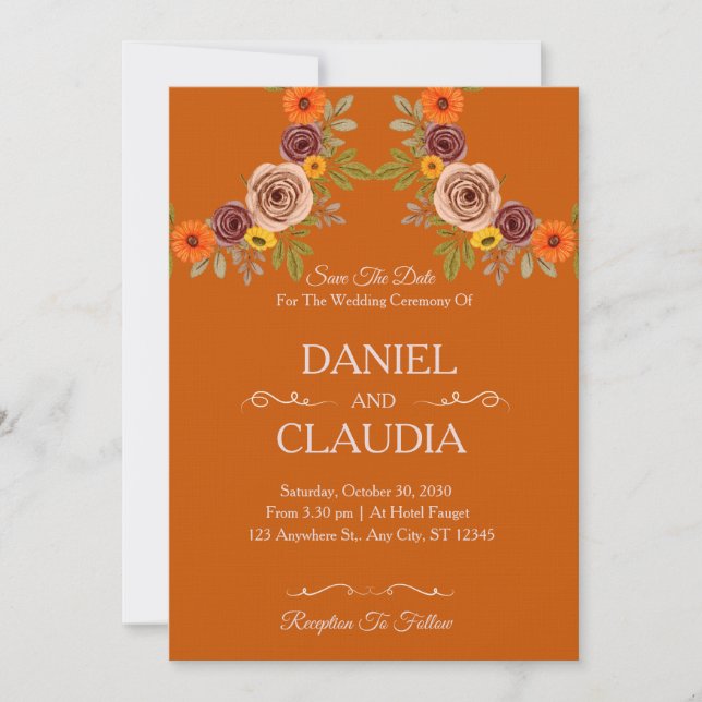 Convite de Casamento Floral Outono Laranja Queimad (Frente)