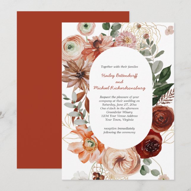 Convite de Casamento Floral Outono Marsala Borgonh (Frente/Verso)