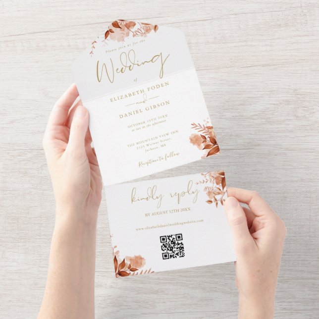 Convite de Casamento Floral Outono QR Code Dourado (Aba destacável)