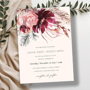 Convite de casamento Floral Pampas Floral Burgundy