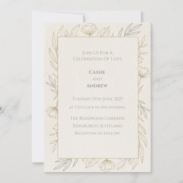 Convite de Casamento Floral Papoula em Arte Linear (Frente)