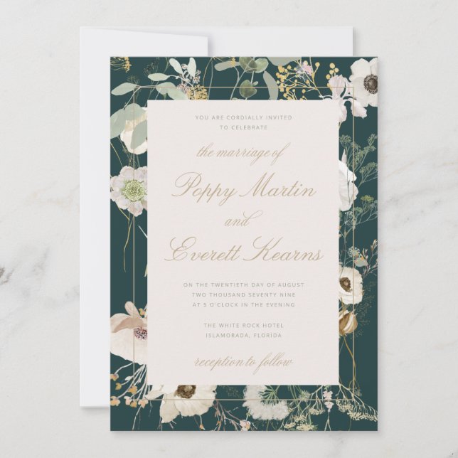Convite de Casamento Floral Papoula Esmeralda e Cr (Frente)