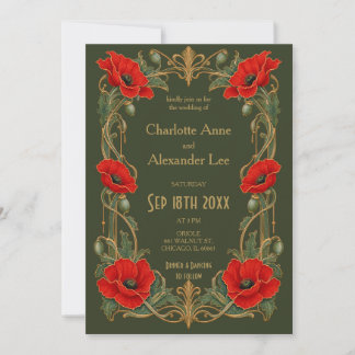 Convite de Casamento Floral Papoula Vermelha Vinta