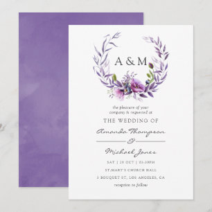 Convite de Casamento Floral Papoula Violeta Aquare