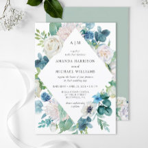 Convite de Casamento Floral Pastel Azul Sage Branc