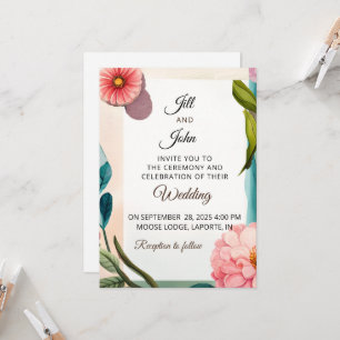 Convite de Casamento Floral Pastel Rosa Azul Botân