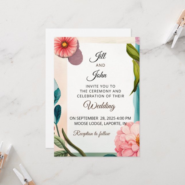 Convite de Casamento Floral Pastel Rosa Azul Botân (Frente/Verso In Situ)