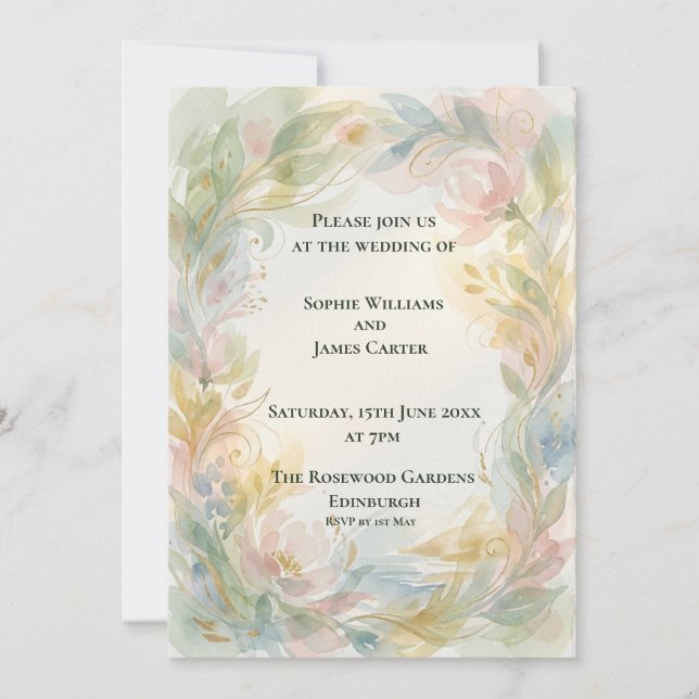 Convite de Casamento Floral Pastel Suave (Frente)