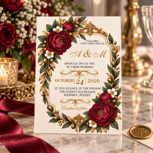 Convite de Casamento Floral Peônia Bordeaux Old Mo