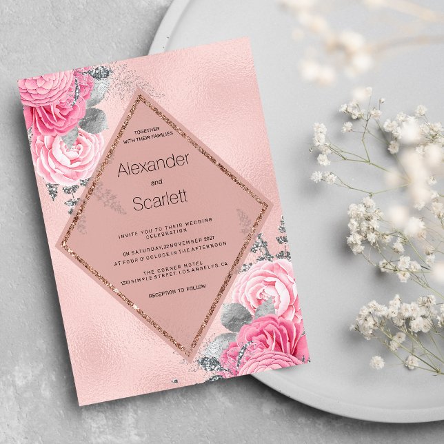 Convite de casamento floral peônia com brilho prat (Blush pink silver glitter peony floral Wedding)