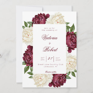 Convite de Casamento Floral Peônia em Burgundy e C