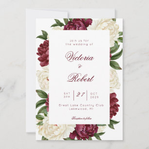 Convite de Casamento Floral Peônia em Burgundy e C