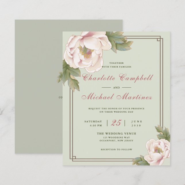 Convite de casamento Floral Peony Sage e Blush (Frente/Verso)