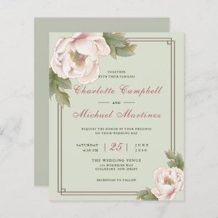Convite de casamento Floral Peony Sage e Blush