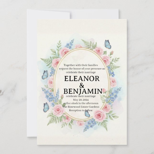 Convite de Casamento Floral Personalizado com Aqua (Frente)