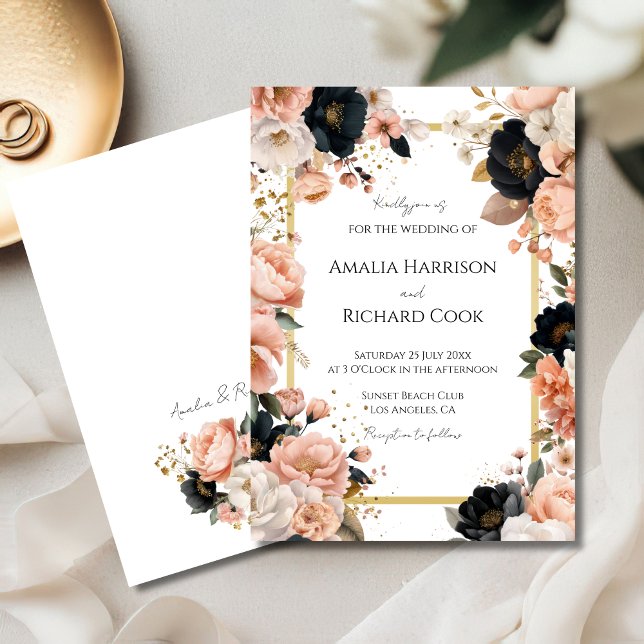 Convite de Casamento Floral Personalizável Preto D (Criador carregado)