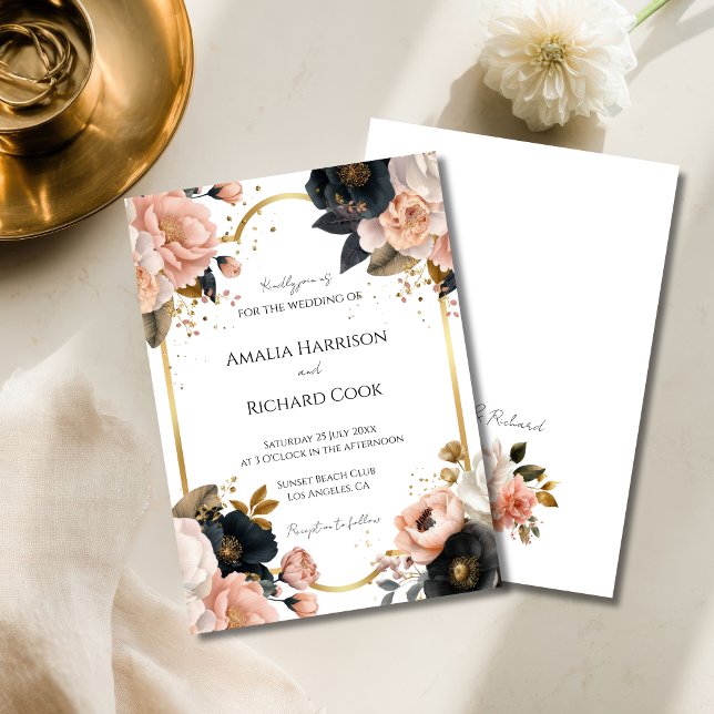 Convite de Casamento Floral Personalizável Preto P (Criador carregado)