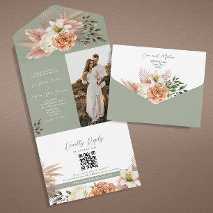 Convite de Casamento Floral Pêssego e Verde Salvia