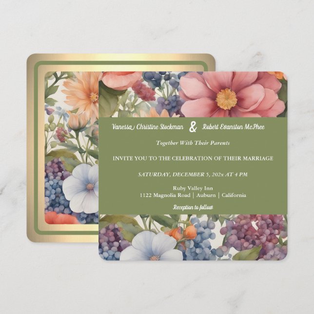 Convite de Casamento Floral Pintado à Mão (Frente/Verso)