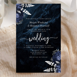Convite de Casamento Floral Prata Azul Marinho no 